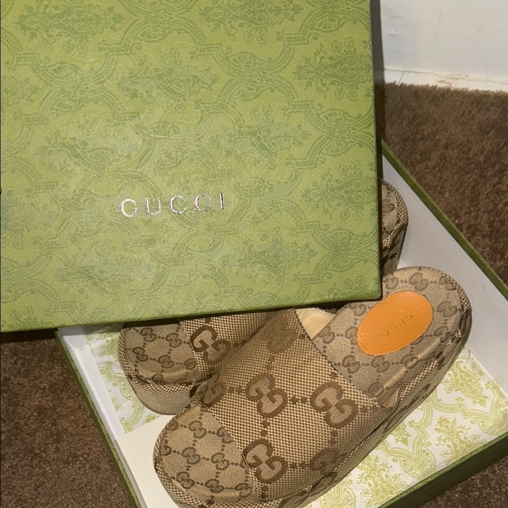 Gucci Brown GG Canvas Platform Slide Mules - Picture 5 of 6